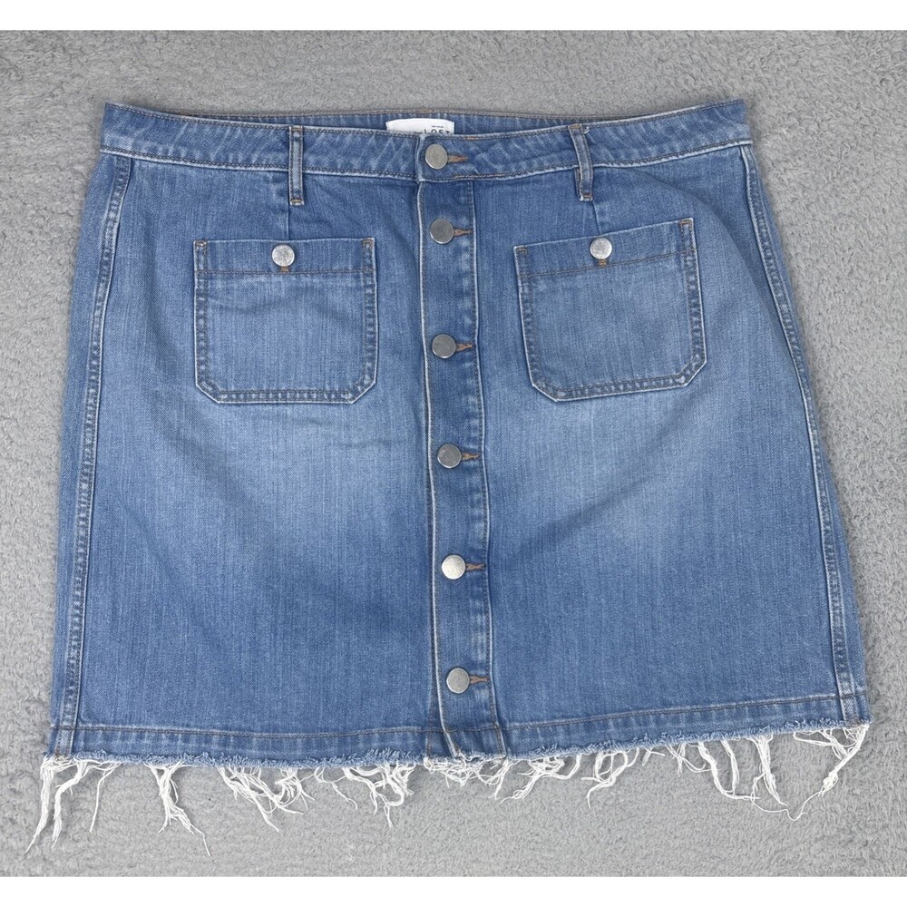 Ann Taylor Loft Size 18 Denim Button Front Skirt Pockets Raw Hem Medium Wash